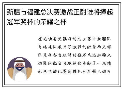 新疆与福建总决赛激战正酣谁将捧起冠军奖杯的荣耀之杯